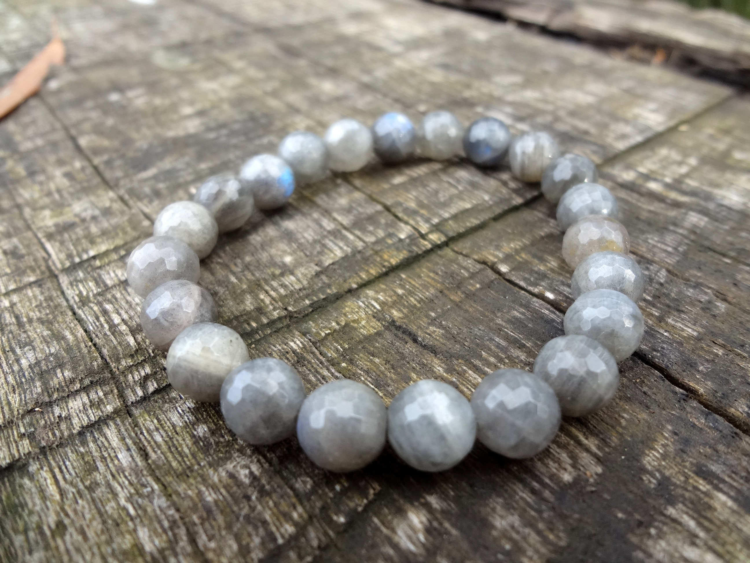Faceted Labradorite Bracelet. Boho Style Natural Grey Elastic Bracelet Handmade In Australia By Miss Leroy