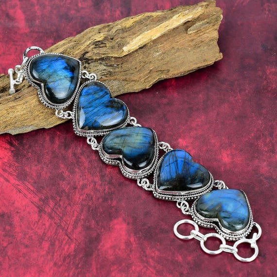 Labradorite Gemstone Bracelet-925 Sterling Silver Bracelet Adjustable Handmade Bracelet Heart Labradorite Silver Bracelet Wedding Gift
