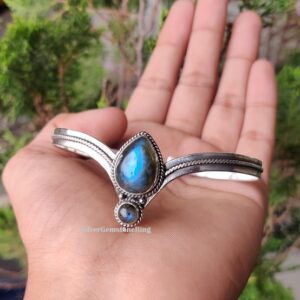 Handcrafted Labradorite Bangle: 925 Sterling Silver Adjustable Gemstone Bracelet Handcrafted Labradorite Bangle: 925 Sterling Silver Adjustable Gemstone Bracelet