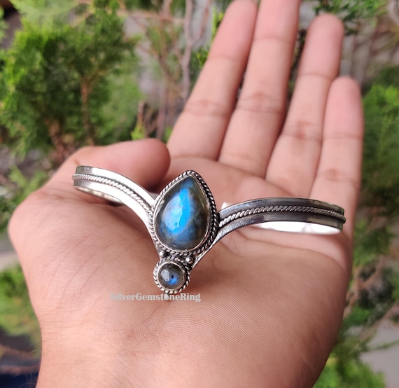 Handcrafted Labradorite Bangle: 925 Sterling Silver Adjustable Gemstone Bracelet Handcrafted Labradorite Bangle: 925 Sterling Silver Adjustable Gemstone Bracelet