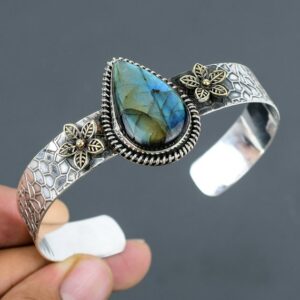 Handmade Labradorite Cuff: 925 Sterling Silver Adjustable Bangle Handmade Labradorite Cuff: 925 Sterling Silver Adjustable Bangle