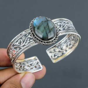 Handmade Labradorite Cuff Bracelet: Adjustable 925 Sterling Silver Bangle Handmade Labradorite Cuff Bracelet: Adjustable 925 Sterling Silver Bangle