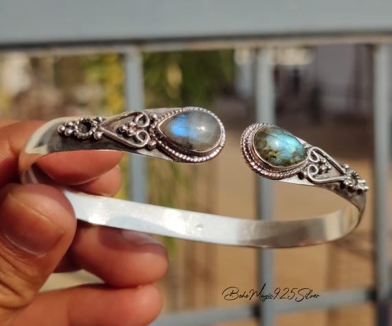 Handmade Labradorite Cuff Bangle: Adjustable Sterling Silver Jewelry Handmade Labradorite Cuff Bangle: Adjustable Sterling Silver Jewelry