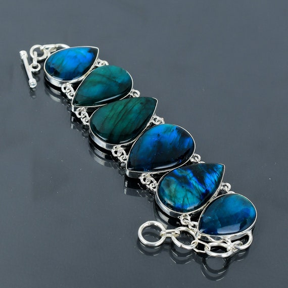 Handmade Neon Flash Labradorite Bracelet: 925 Sterling Silver Adjustable Chain