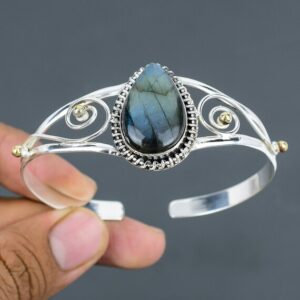 Handmade Pear Labradorite Bangle: 925 Sterling Silver Adjustable Cuff Handmade Pear Labradorite Bangle: 925 Sterling Silver Adjustable Cuff