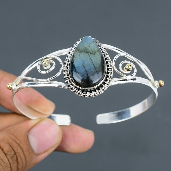 Handmade Pear Labradorite Bangle: 925 Sterling Silver Adjustable Cuff