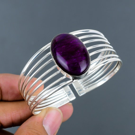 Handmade Purple Labradorite Cuff Bracelet: 925 Sterling Silver Adjustable Bangle