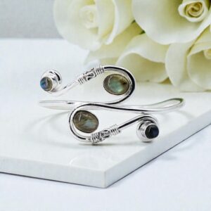 Handmade Sterling Silver Labradorite Cuff Bracelet, Adjustable Gemstone Bangle
