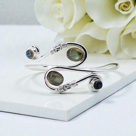 Handmade Sterling Silver Labradorite Cuff Bracelet, Adjustable Gemstone Bangle Handmade Sterling Silver Labradorite Cuff Bracelet, Adjustable Gemstone Bangle