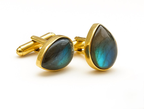 Natural Labradorite Cufflinks: 925 Sterling Silver, Handmade Men's Cuff Links