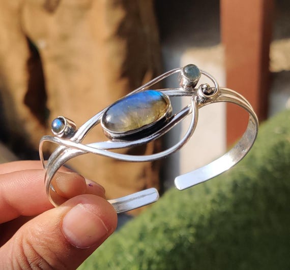 Labradorite Sterling Silver Bangle: Adjustable Cuff, Handmade