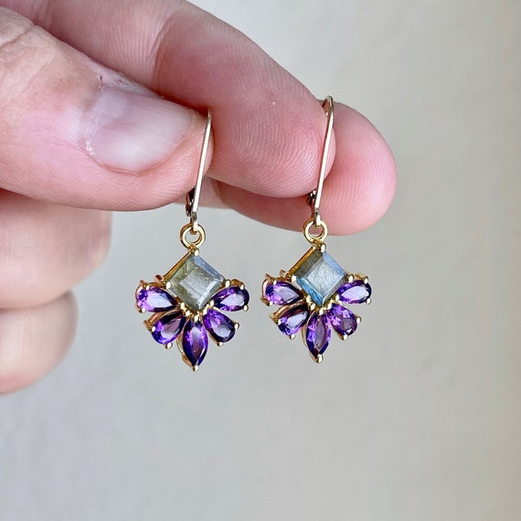 Amethyst And Labradorite Earrings, Purple And Green Flower Earrings In Gold Or Silver, February Birthstone, Floral Gemstone Jewelry Mom Gift
