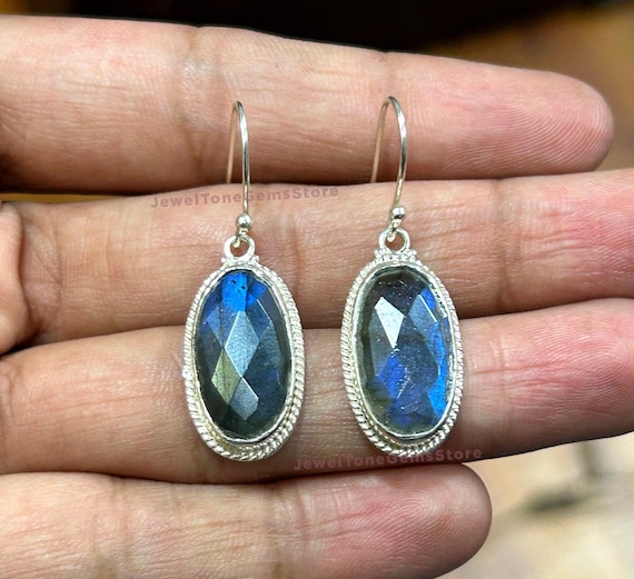 Blue Labradorite Earrings: 925 Sterling Silver Dangle, Handmade