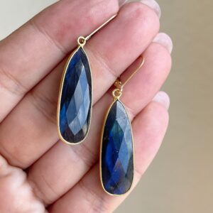 Labradorite Earrings, Blue Flash Labradorite Bezeled Elongated Statement Teardrop Earrings in Gold, Blue Boho Jewelry Neutral Gift for her Labradorite Earrings, Blue Flash Labradorite Bezeled Elongated Statement Teardrop Earrings in Gold, Blue Boho Jewelry Neutral Gift for her