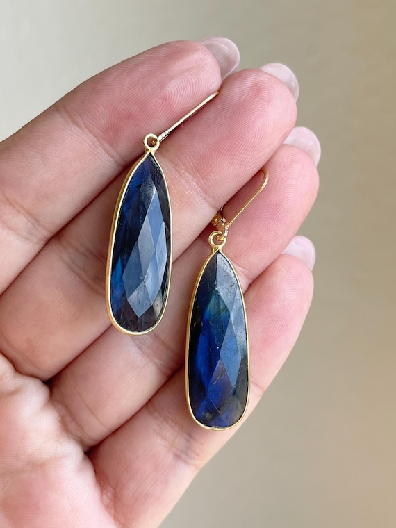 Labradorite Earrings, Blue Flash Labradorite Bezeled Elongated Statement Teardrop Earrings In Gold, Blue Boho Jewelry Neutral Gift For Her