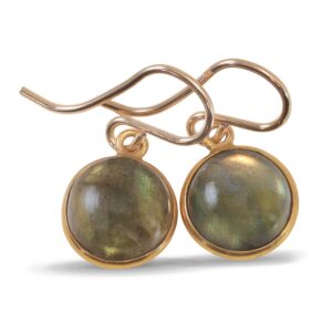 Blue Flash Labradorite Drop Earrings: 14k Gold, Simple Bezel Round Smooth