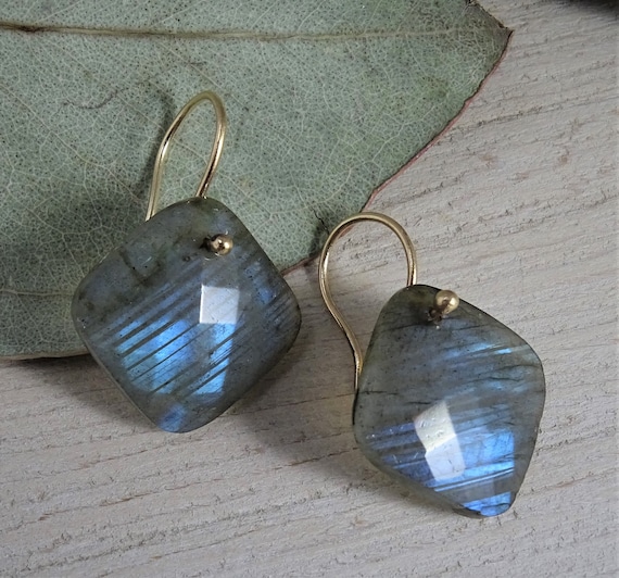 Blue Flash Labradorite Earrings | Solid 14k Gold Labradorite Dangle Earrings | March Birthstone | Healing Gemstone Jewelry For Men Women