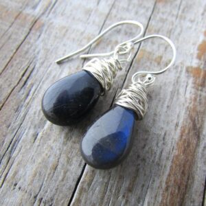 Blue Labradorite Earrings Wire Wrapped Teardrop