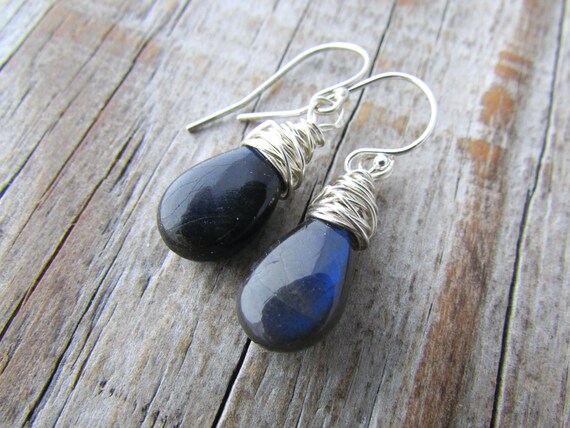 Blue Labradorite Earrings Wire Wrapped Teardrop