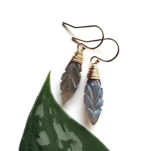 Carved Leaf Labradorite Earrings Wire Wrapped Gold Fill, Dangle and Drop Earrings, Natural Gem Jewelry Made in PNW, Gift for Her