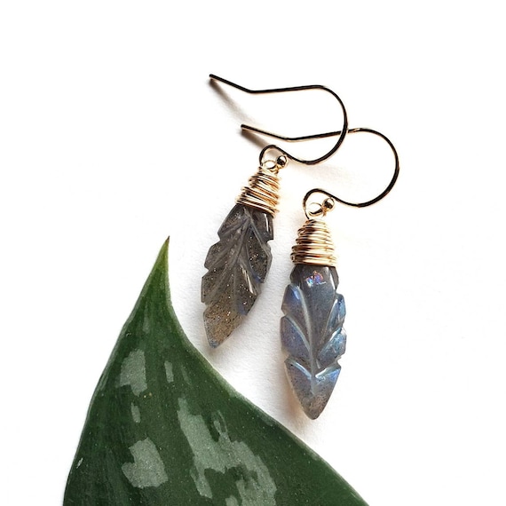 Carved Leaf Labradorite Earrings Wire Wrapped Sterling Silver, Dangle And Drop Earrings, Natural Gem Jewelry Made In Pnw, Gift For Her