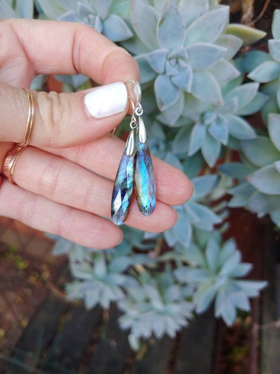 Clearance Sale! Slender Teardrop Faceted Labradorite Earrings. Silver Labradorite Earrings.