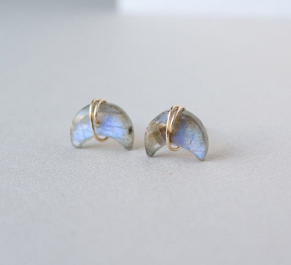 Labradorite Crescent Moon Stud Earrings, Crescent Moon Studs , Labradorite Gold Earrings, Delicate Labradorite Earrings, Gemstone Posts
