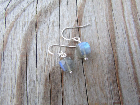 Labradorite Cube Earrings: Sterling Silver Dangle Earrings