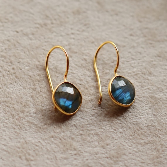 Labradorite Dangle Earrings: 925 Sterling Silver Gemstone, Square Drop