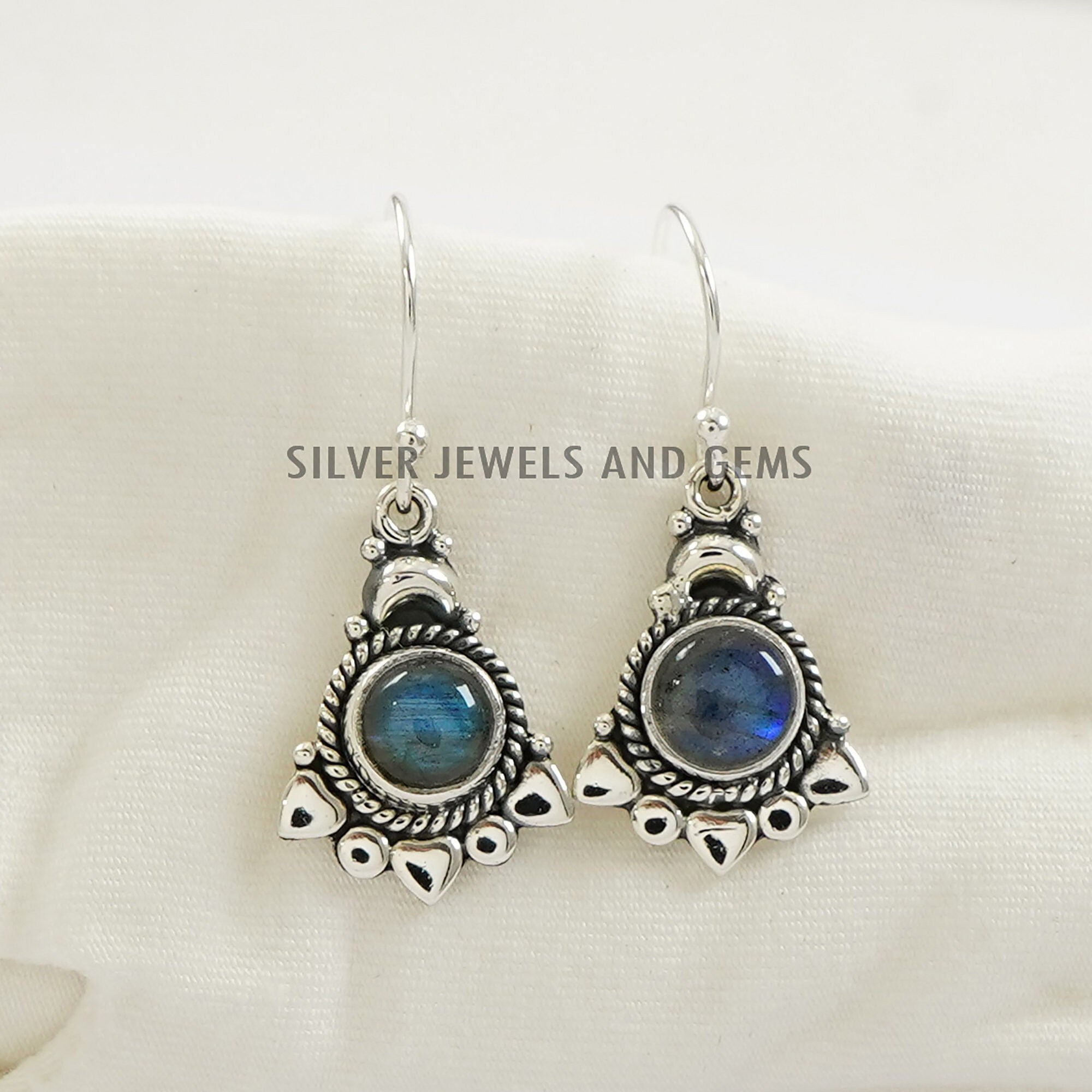Labradorite Gemstone Earrings: Round Sterling Silver Boho Earrings