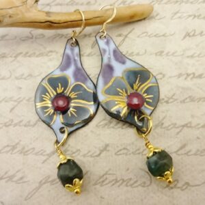 Handmade Enamel Flower Earrings: Gold Accented Labradorite Dangles