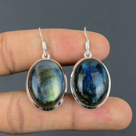 Handmade Oval Labradorite Earrings: 925 Sterling Silver Gemstone Jewelry