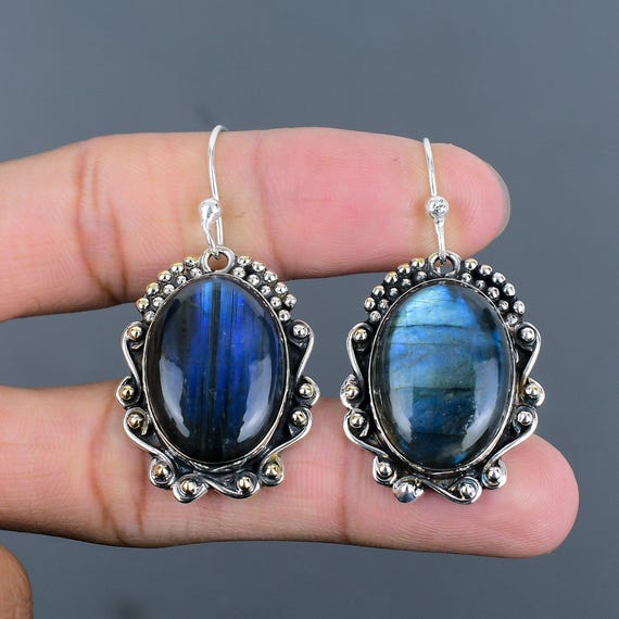 Handmade Labradorite Earrings: Oval Gemstone, 925 Sterling Silver