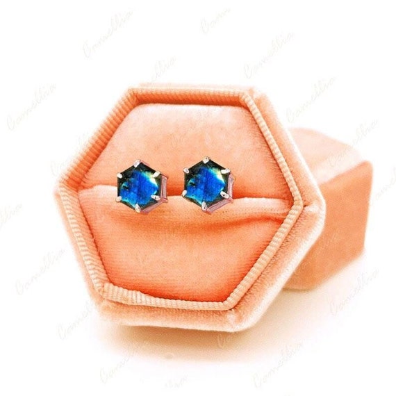 Hexagon Labradorite Stud Earrings, Sterling Silver Or 14k Gold