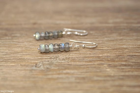 Labradorite Earrings, Labradorite Jewelry, Wire Wrapped, Sterling Silver, Dangle, Drop Earrings, Blue Flash, Gray, Gemstone Earrings