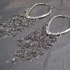 Long Labradorite Chain Dangle Earrings: Oxidized Silver