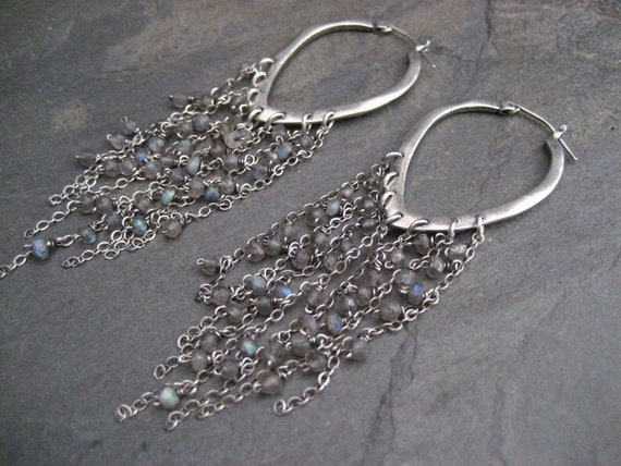 Long Labradorite Chain Dangle Earrings: Oxidized Silver Long Labradorite Chain Dangle Earrings: Oxidized Silver