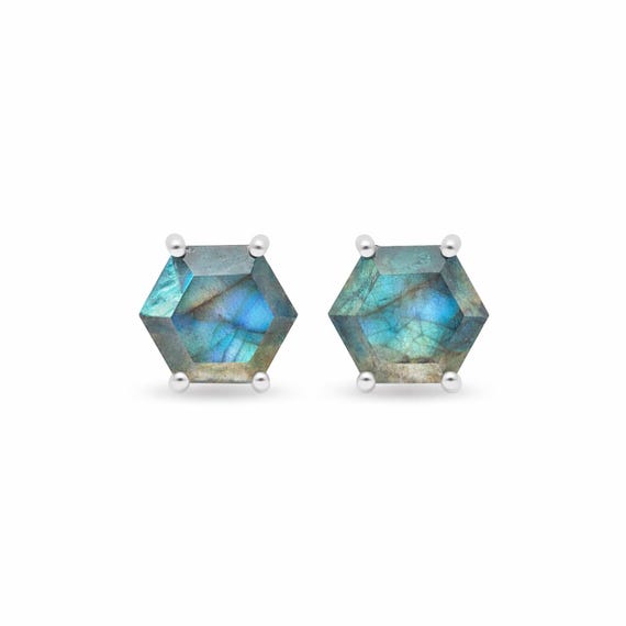 Natural Labradorite Studs - Hexagon Studs: Sterling Silver Gemstone Stud Earrings
