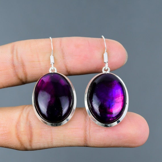 Purple Fire Labradorite Earrings: Handmade 925 Sterling Silver Gemstone Jewelry