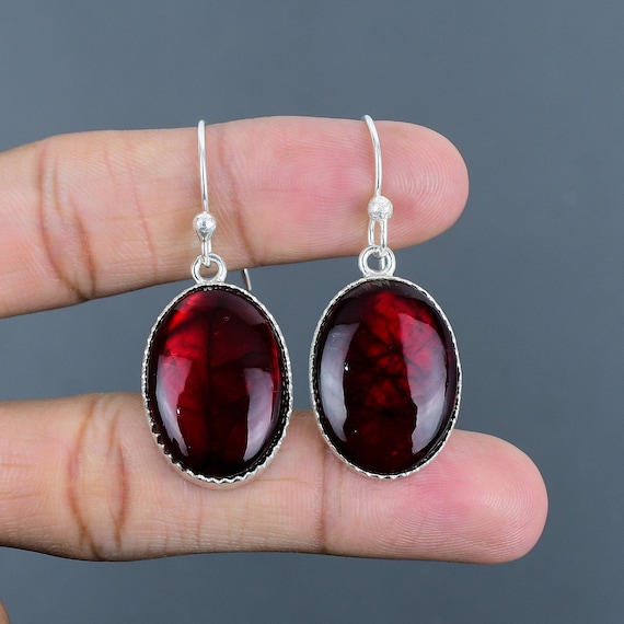 Red Fire Labradorite Dangle Earrings: Handmade 925 Sterling Silver Jewelry