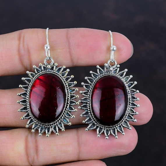 Red Fire Labradorite Earrings: Handmade 925 Sterling Silver Jewelry
