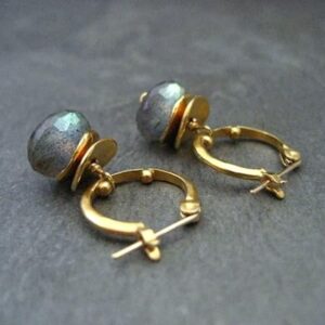 Labradorite small dotted hoop earrings, color flashes vary between greens/ blues or aqua's, satin gold finish