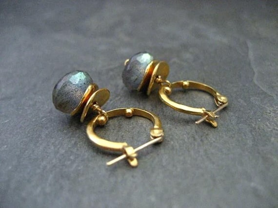 Labradorite Small Dotted Hoop Earrings, Color Flashes Vary Between Greens/ Blues Or Aqua's, Satin Gold Finish