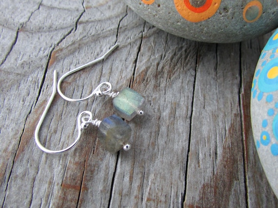 Labradorite Earrings: Sterling Silver Faceted Cube Dangle Earrings
