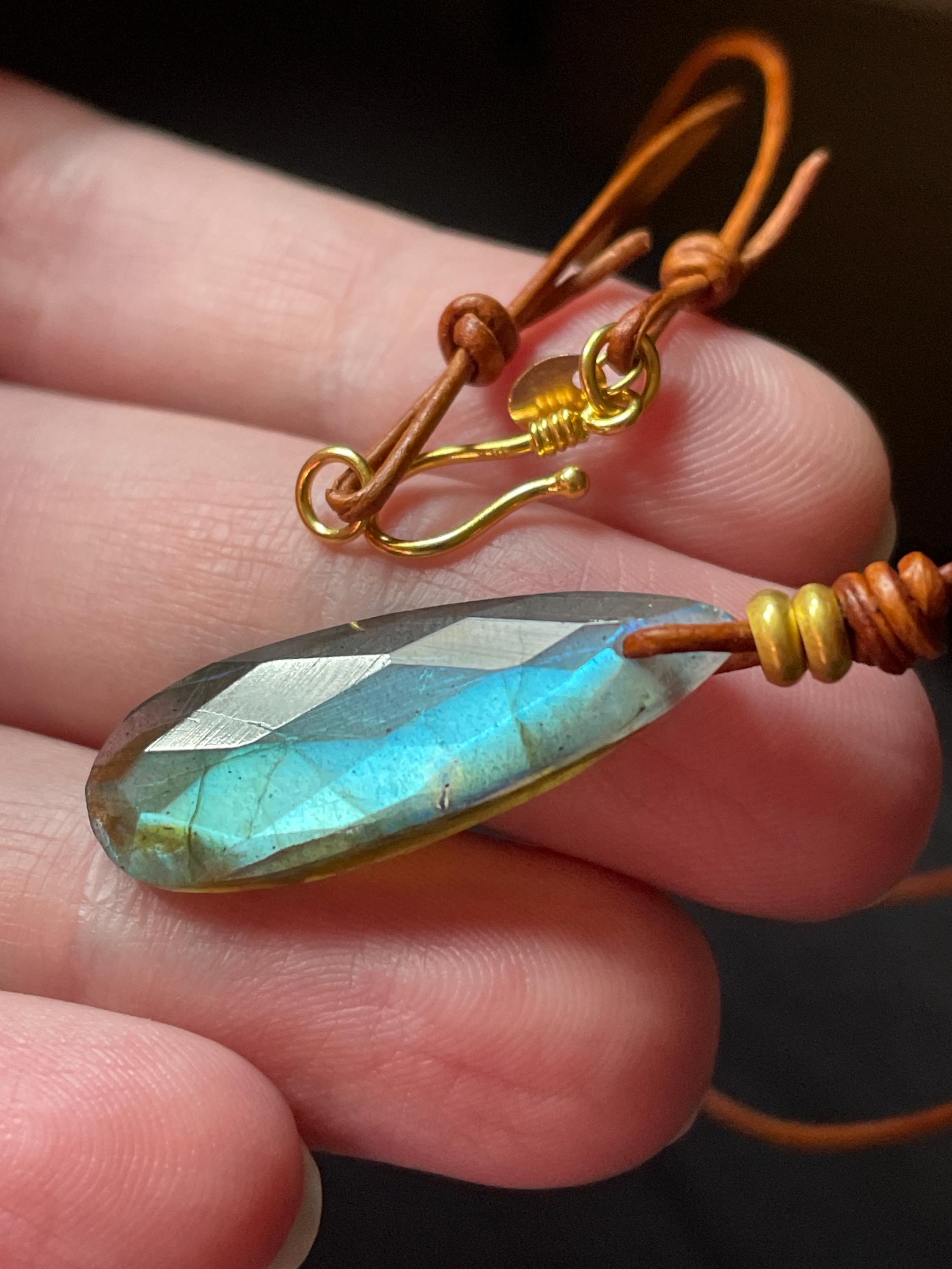 18k Gold Labradorite Necklace, Leather & Solid Gold Minimalist Necklace, Handmade In Oregon Usa, Natural Jewelry, Beach Necklace Outdoorsy
