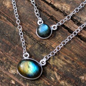 925 Rainbow Labradorite Sterling Silver Double Chain Necklace, Multi Stone Labradorite Statement Necklace, Handmade Silver Necklace