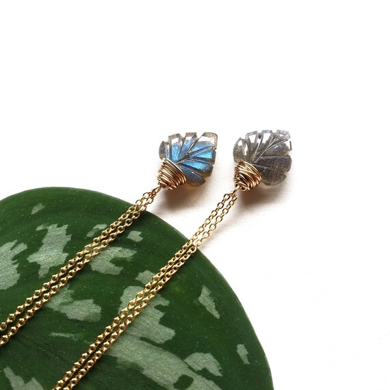 Carved Leaf Labradorite Necklace Wire Wrapped Gold Fill, Botanical Leaves Natural Gem Jewelry Made In Pnw, Gift For Her