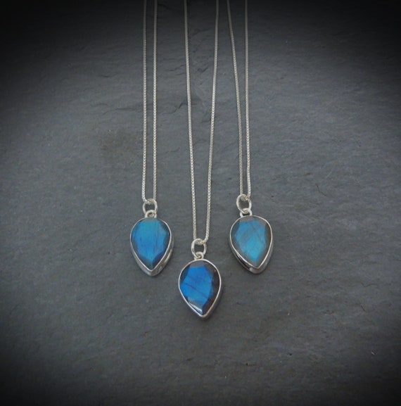 Genuine Labradorite Necklace Sterling Silver • Natural Blue Flash Labradorite • Teardrop  Blue Labradorite Stone • Gift For Crystal Lover