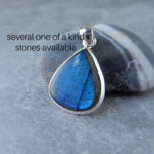 Genuine Labradorite Necklace Sterling Silver • Natural Blue Flash Labradorite • Teardrop  Blue Labradorite Stone • Gift for Crystal Lover