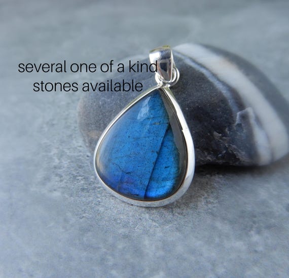 Genuine Labradorite Necklace Sterling Silver • Natural Blue Flash Labradorite • Teardrop  Blue Labradorite Stone • Gift For Crystal Lover